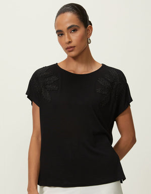 T-shirt bordado folhagem ombros Shoulder