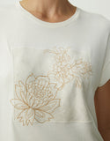 T-shirt floral bordado aplicação Shoulder