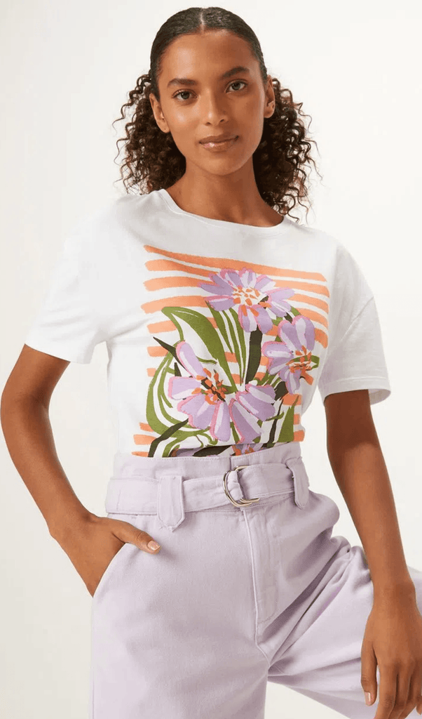 T-shirt Cartaz Listrado Com Floral Shoulder