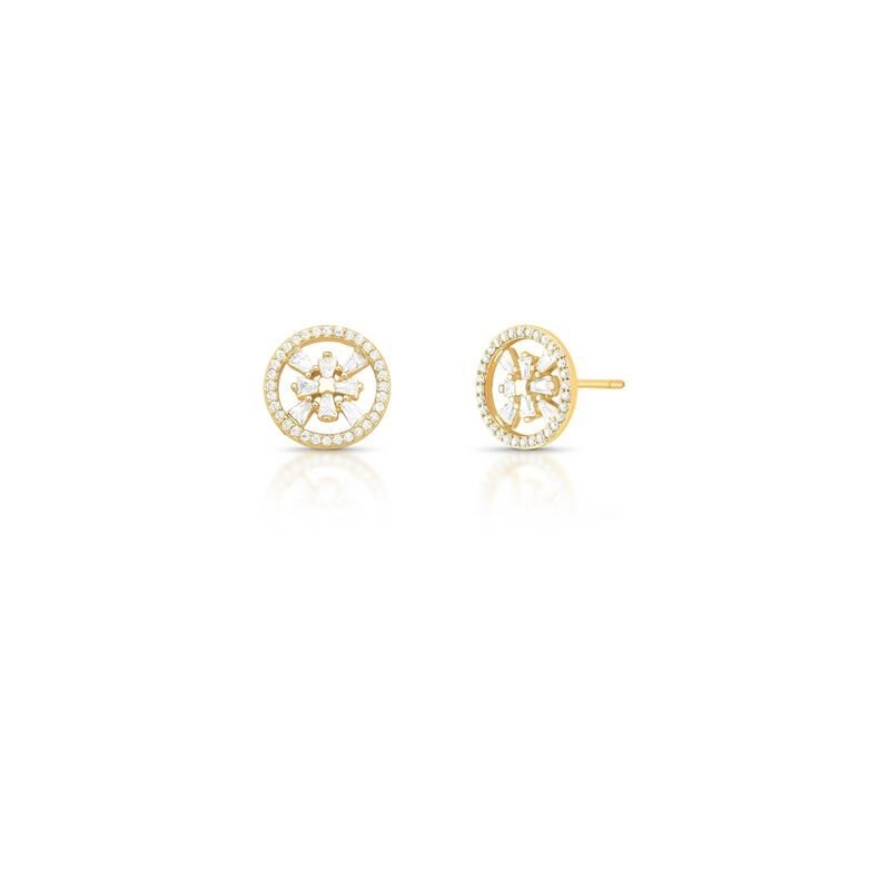 BRINCO DE FLOR COM CRISTAIS E ZIRCÔNIAS BANHADO A OURO