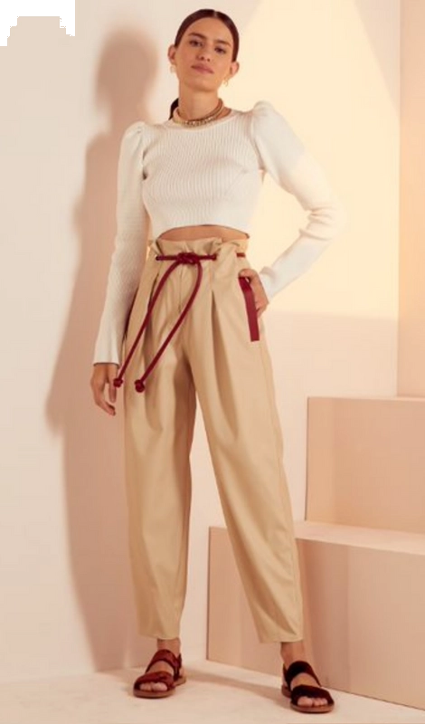 Calça Cenoura Bicolor Cinto Rolete Couro
