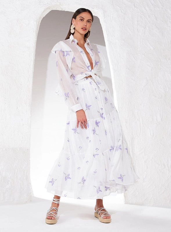 Camisa ML Com Flores Bordada Em Lilás e Babado Skazi