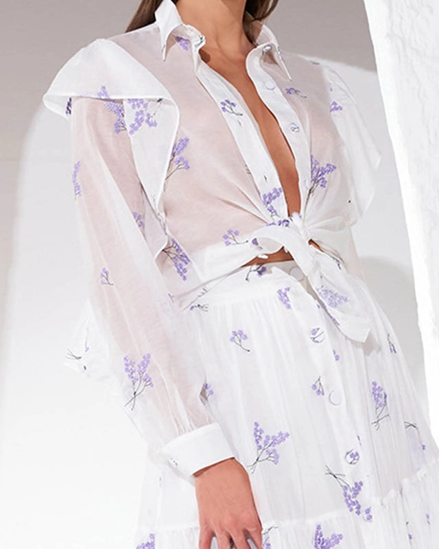 Camisa ML Com Flores Bordada Em Lilás e Babado Skazi