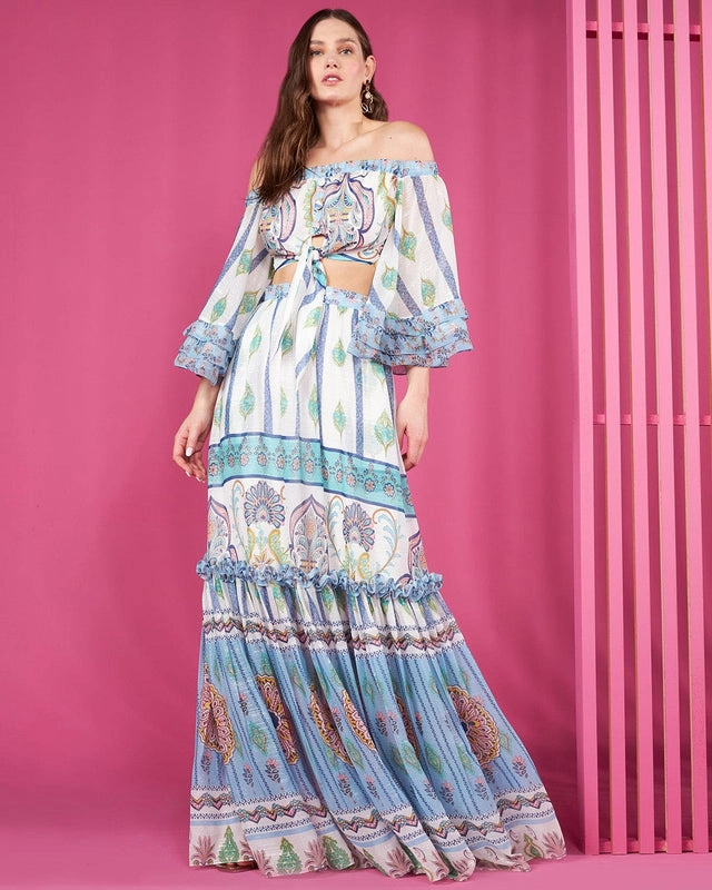 Conjunto Cropped e Saia Longa Estampada Skazi