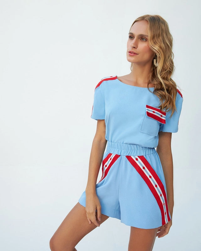 Conjunto Cropped e Short Galão Tricot Azul Skazi