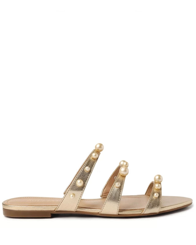 Rasteira Dourada Couro Pérolas