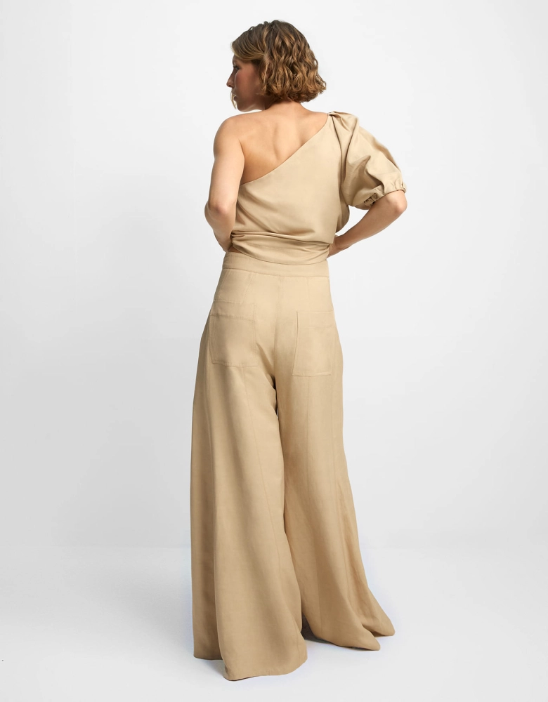 Calça pantalona recortes pespontados