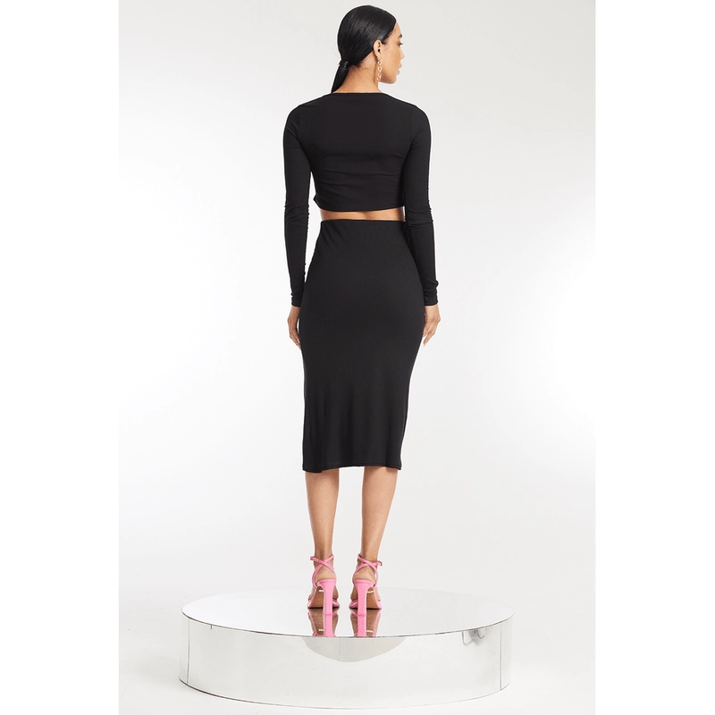 Saia Midi Fenda Canelada Preto All