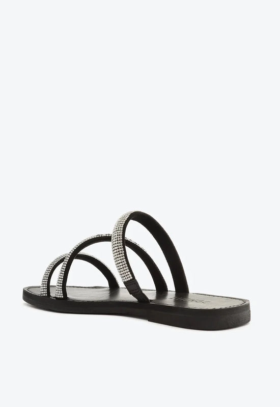 Sandália Rasteira Brilho Logo Preta e Prata Schutz