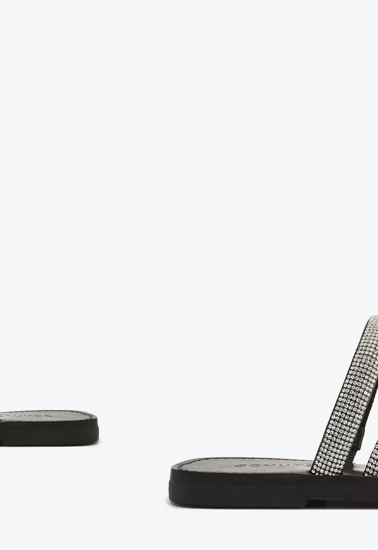 Sandália Rasteira Brilho Logo Preta e Prata Schutz