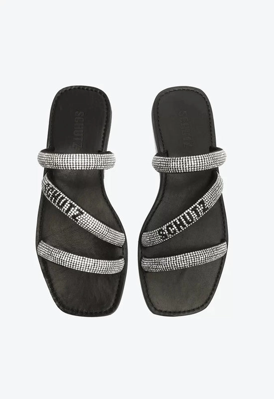 Sandália Rasteira Brilho Logo Preta e Prata Schutz