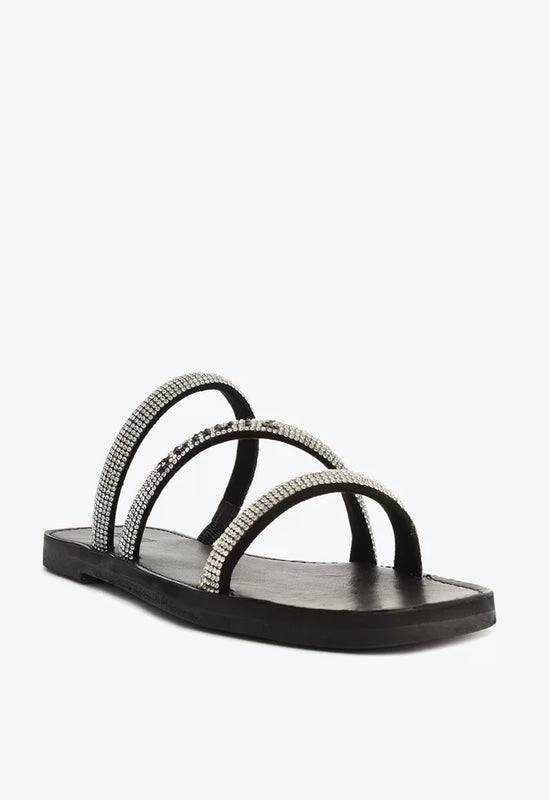 Sandália Rasteira Brilho Logo Preta e Prata Schutz