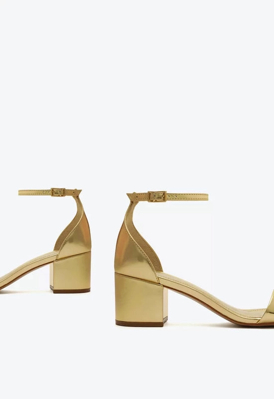 Sandália Salto Bloco Metalizada Dourada Schutz