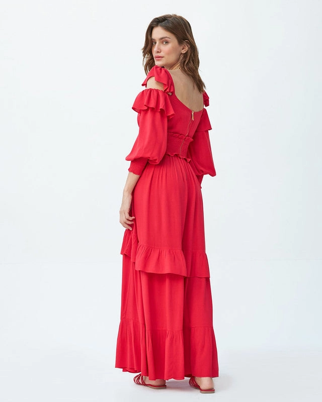 Vestido Longo Com Lastex na Cintura e Mangas 3/4 Com Babados