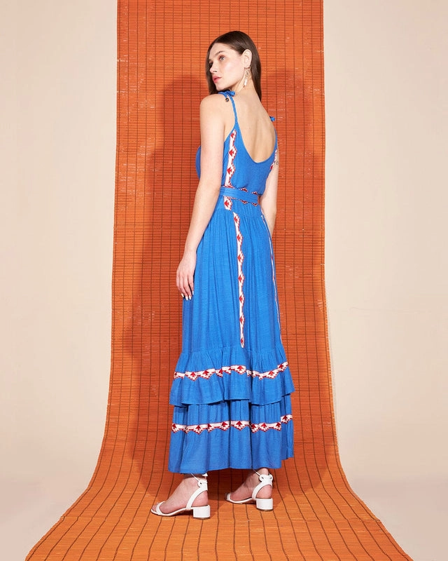 Vestido Midi Acabamento com Faixas Skazi