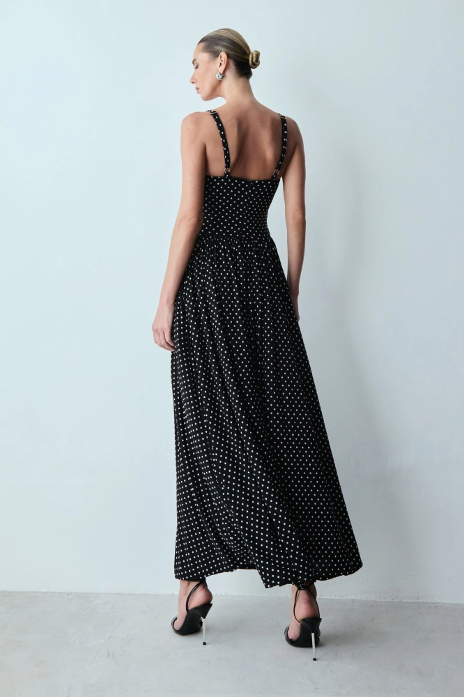 VESTIDO MIDI ALÇAS FINAS E FENDA LATERAL POÁ 
