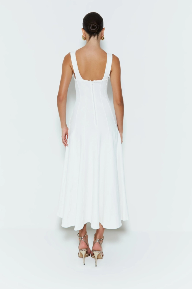 VESTIDO MIDI COM FRISOS ALCAS LARGAS E BARRA AMPLA 