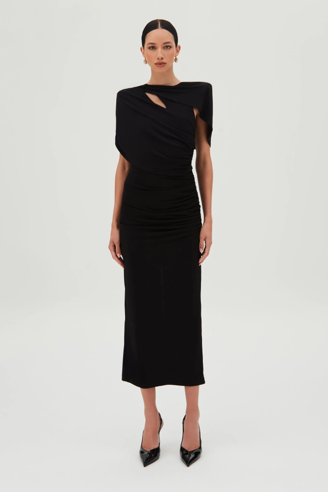 VESTIDO MIDI COM SOBREPOSIÇÃO E ABERTURA COSTAS
