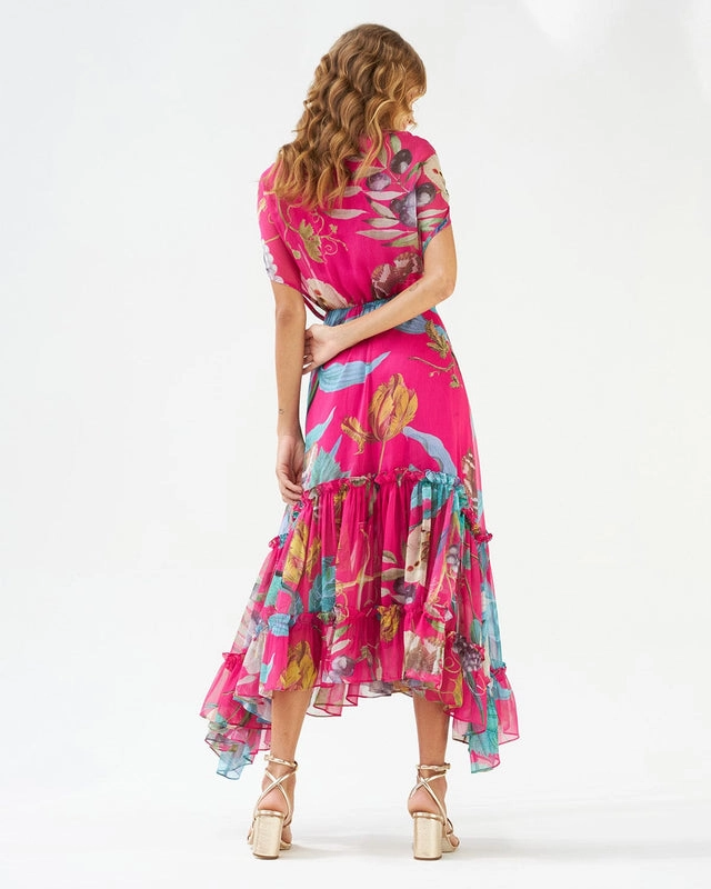 Vestido Midi Estampado Saia Assimétrica com Babados