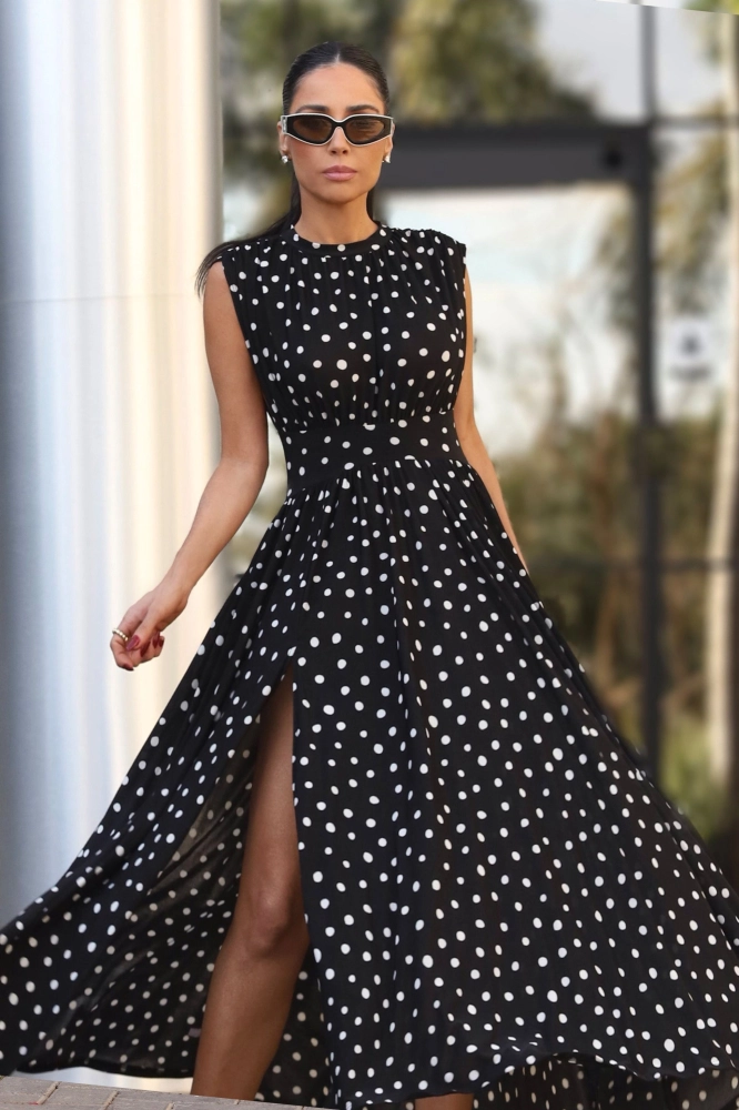 VESTIDO MIDI FRANZIDOS OMBROS COS LARGO SAIA POÁ AMPLA