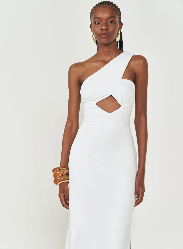 Vestido Midi Slim Com Recorte e Drapeado