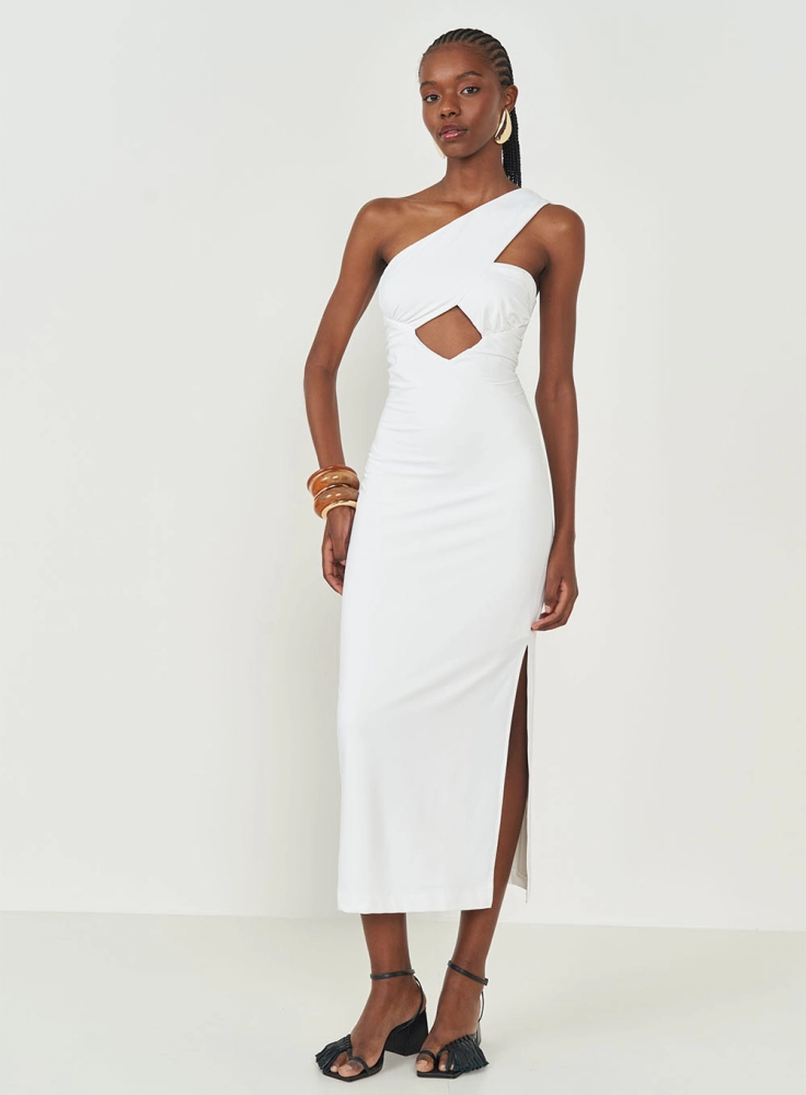 Vestido Midi Slim Com Recorte e Drapeado