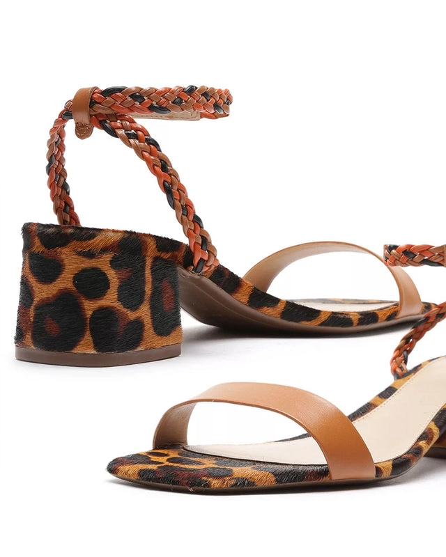 Sandália Animal Print Salto Bloco Baixo Marrom