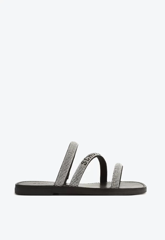 Sandália Rasteira Brilho Logo Preta e Prata Schutz