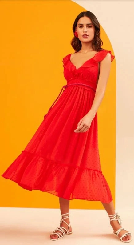 Vestido Alça Midi Det. Babado Decote C/ Cordao
