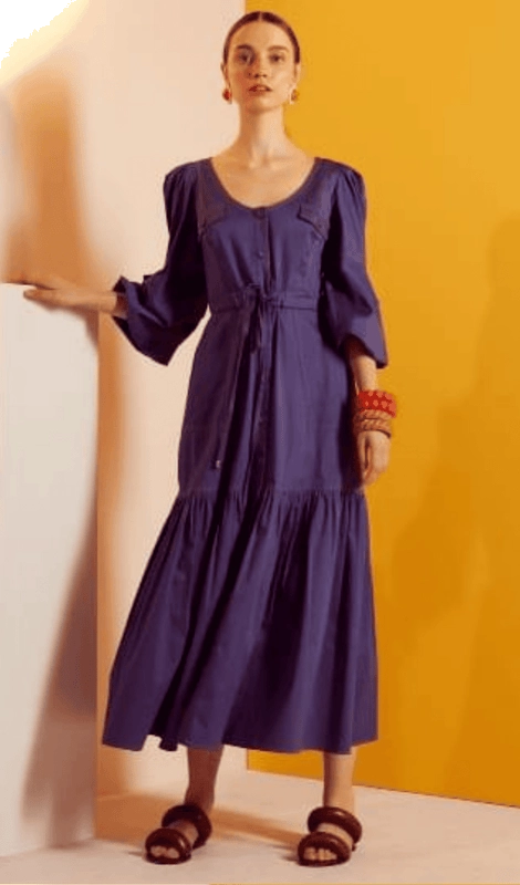 Vestido Feminino Maga Longa com Bolsos e Botões