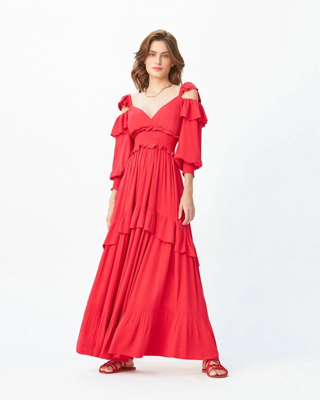 Vestido Longo Com Lastex na Cintura e Mangas 3/4 Com Babados