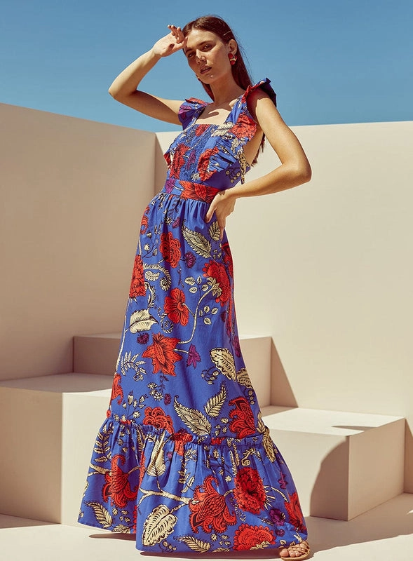 Vestido longo Estampado Fundo Azul Skazi