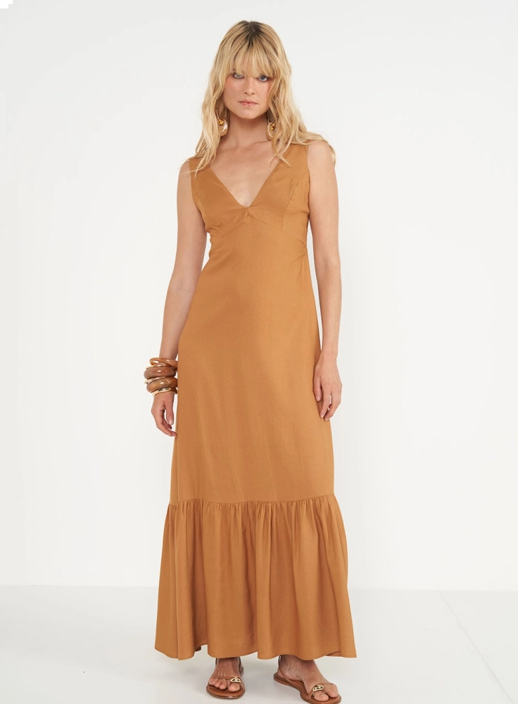 Vestido Longo Evasê Em Linho