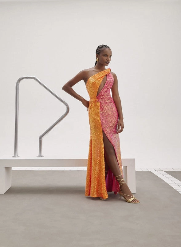 Vestido Longo Paetês Bicolor Skazi