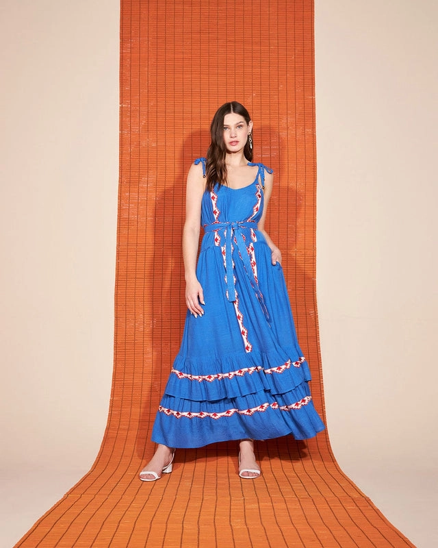 Vestido Midi Acabamento com Faixas Skazi