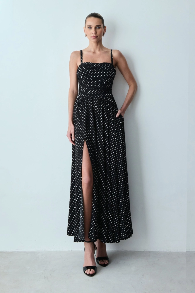 VESTIDO MIDI ALÇAS FINAS E FENDA LATERAL POÁ 