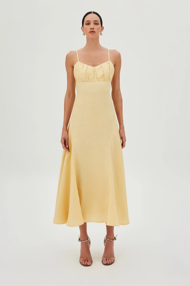 Vestido midi com drapeados busto e barra