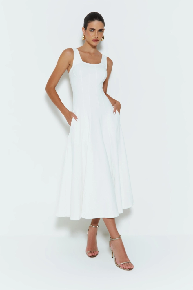 VESTIDO MIDI COM FRISOS ALCAS LARGAS E BARRA AMPLA 