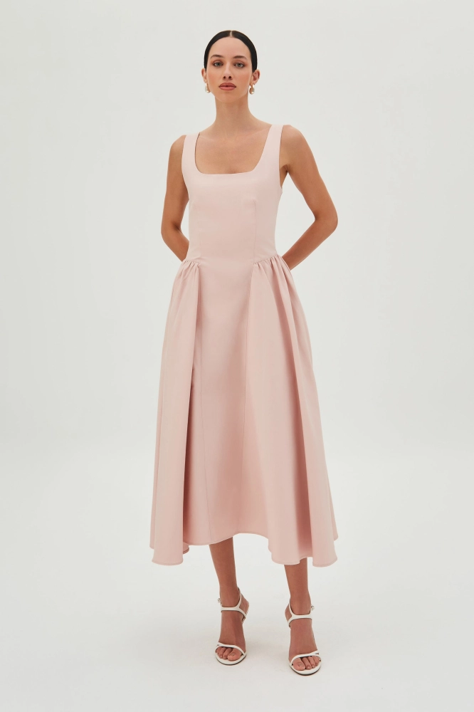 VESTIDO MIDI COM SAIA ESTRUTURADA E AMPLA