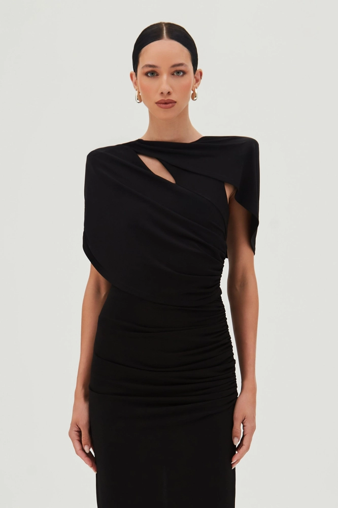 VESTIDO MIDI COM SOBREPOSIÇÃO E ABERTURA COSTAS
