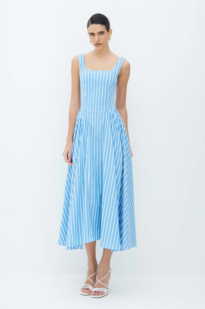 VESTIDO MIDI DECOTE RETO E SAIA AMPLA