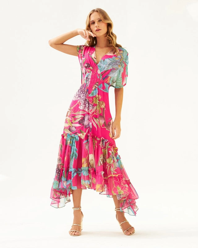 Vestido Midi Estampado Saia Assimétrica com Babados