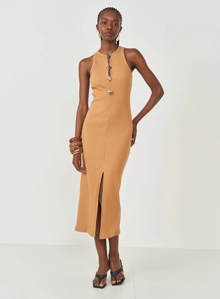 Vestido Midi Slim Com Abertura Em Botões e Fenda colcci