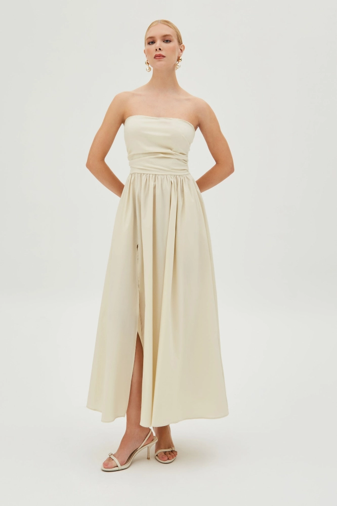 VESTIDO MIDI TOMARA QUE CAIA FENDA FRONTAL SAIA AMPLA